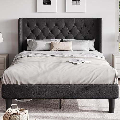 HOOMIC Classic Full Size Bed Frame with Button Tufted Wingback Headboard, Upholstered Platform Bed with Strong Wooden Slats Support, No Box Spring Needed, Black