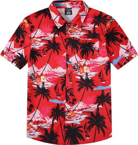 MOMBEBE COSLAND Camicia Hawaiana Bambino Albero di Cocco Ragazzi Bottone Manica Corta, Rosso, S, 5-6 Anni