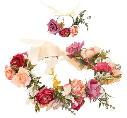 1 Stück Blumenkranz-Stirnband Mit 1 Stück Blumenarmband, Blumen-Haarschmuck, Elfen-Stirnband, Braut-Haarschmuck, Geeignet Für Mädchen-Geburtstag, Hochzeit, Urlaubs-Haarschmuck