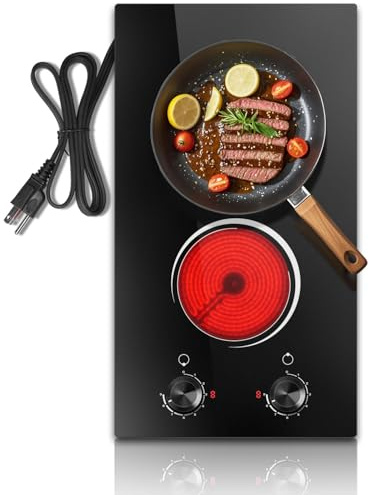 2 Burner Electric Cooktop 110V, 12 Inch Electric Cook Top Plug in, 2000W Electrics Stove with Knob Control, Countertop & Built-in Ceramic Stovetop, 9 Heating Level, Residual Heat Indicator