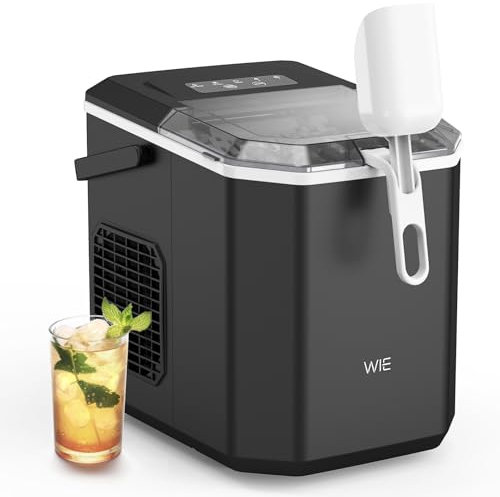WIE Maquina de Hielo, Maquina de Hacer Hielo Autolimpiable, 12Kg/24H, 2 Tamaños de Hielo, 9 Cubitos Listos en 6 Minutos, con Asa, Pala para Hielo y Cesta, Ideal Para Inicio/Cocina/Oficina/Bar, Negro