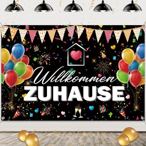 Willkommen Zuhause Hintergrund Banner Deko - Welcome Home Deko, Familie Rückkehr Bunte Girlande, Schwarz Herzlich Willkommen Banner für Jungen Mädchen Baby Familienfeiern Partys Dekoration 80 x 125 cm