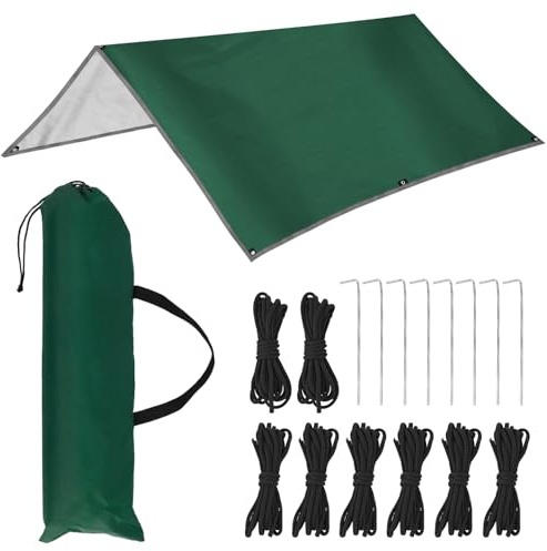 QWORK® Camping Tarp 3m x 3m - Bâche Imperméable Léger pour Randonnée et Camping - Comprend 8 Piquets et 8 Cordes