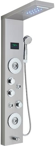 HARNART Pannello doccia a LED con rubinetto, 5 funzioni, pannello doccia con indicatore di temperatura LED, doccia e doccia a cascata, colonna doccia in acciaio inox 304