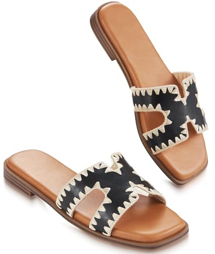 KENMITDY Womens Sandals Slip On Fashion Flat Sandals Soft Memory Foam Slides Comfortable Leather Open Toe Slide For Summer Dressy 2026