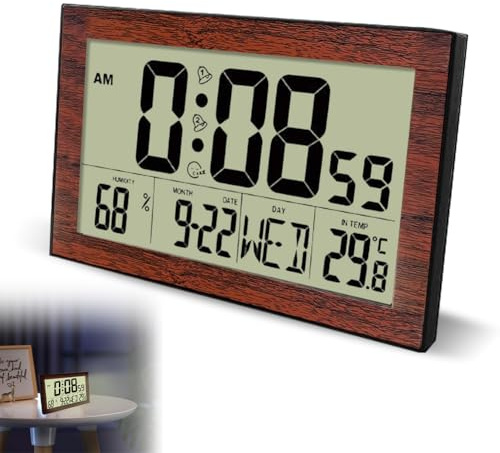 VOHESEA Digital väggklocka radio med bakgrundsbelysning, termometer hygrometer, digital radioklocka med träkorn-mönster, bordsklocka med temperaturdisplay och fuktvisning