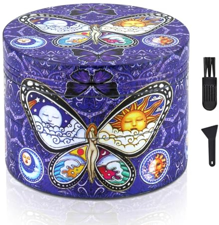 LHOEST 63 MM Grinder Metalico Molinillo Especias Sal Grinder Púrpura Mariposa 4 Capas de Diseño Molinillo con Rascador y Cepillo de Plástico para Cocina Cocinando