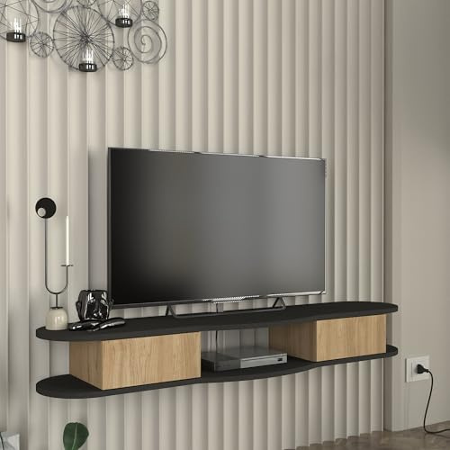 [en.casa] Mobile Porta TV da Parete a 2 Scomparti Chiusi da Ante a Ribalta Vano Aperto Mensola Sospesa Stand Multimediale con Fori Passacavi 150x35x19 cm - Antracite/Effetto Rovere