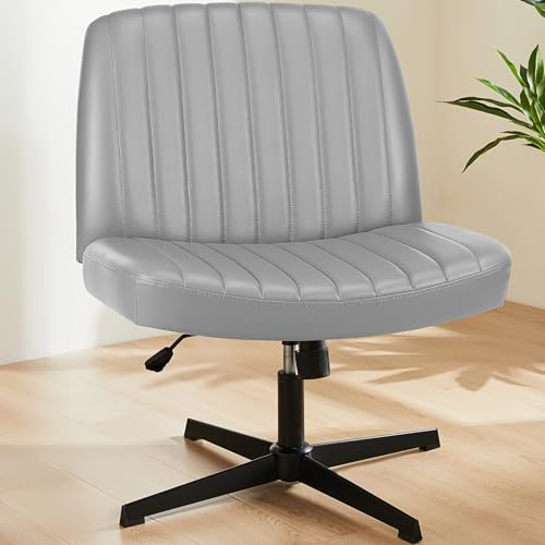 Kontorsstol med bred sits, armlös design med kors och justerbar vridfunktion, ergonomisk arbetsstol i PU-läder, snygg grå för sminkbord eller datoranvändning