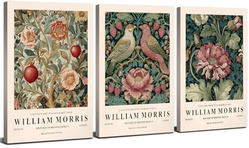 3Pcs William Morris Wall Art Vintage Flower Canvas Prints for Bedroom Nature Wildflower Painting Poster Rustic Animal Birds Pink Botanic Canvas Artwork for Living Room Office Home Decorations 12x16