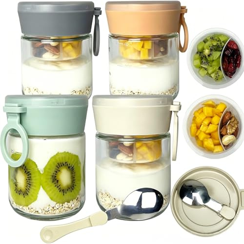 Overnight Oats - Juego de 4 vasos con cuchara plegable, vasos de cereales multiusos para llevar con tapa, para separar en seco y húmedo, vasos de preparación de comida para yogur, avena, desayuno (4