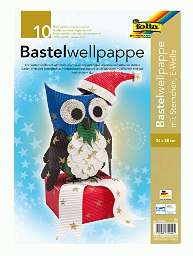 folia 720409 - Wellpappe zum Basteln mit goldenem Sternchendruck, E-Welle, 10 Bogen sortiert in 5 Farben, ca. 25 x 35 cm, doppelseitig durchgefärbt, ideal für weihnachtliche Bastelarbeiten