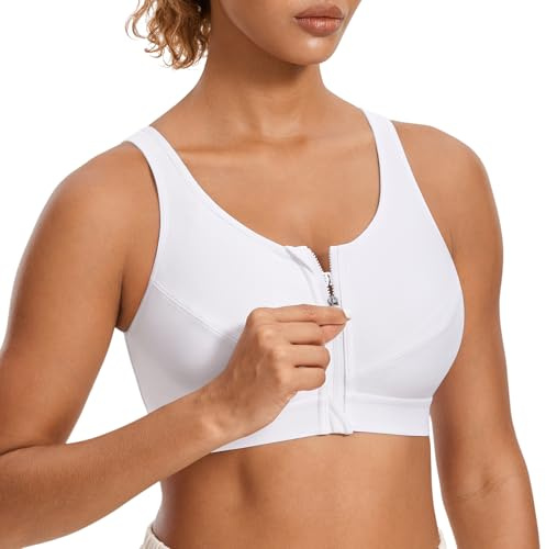 SYROKAN Women's Sports Bra High Impact Front Fastening Zipper Wireless Post Surgery Support Workout Bra White 42D