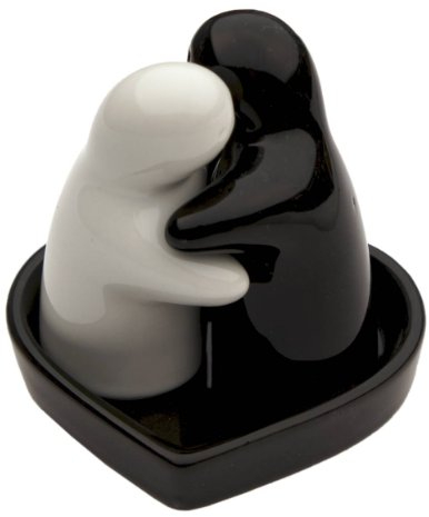 MIK funshopping Ensemble salière et poivrière design céramique noir et blanc avec plat noir 8 x 7 cm
