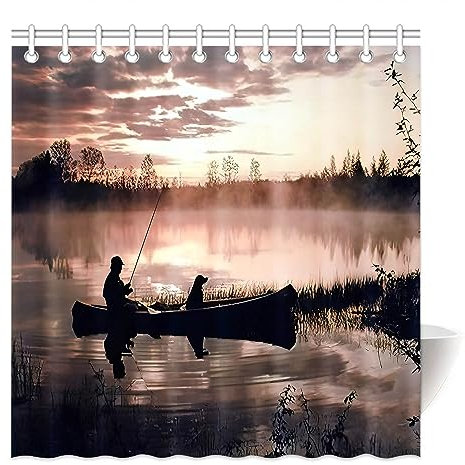 HommomH 60 x 72 Shower Curtain Weights Resistant Waterproof Fabric Fisherman Dog Fishing Boat River