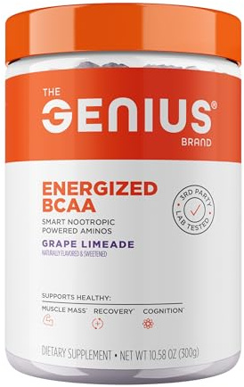 Genius BCAA Powder - 5g Vegan BCAAs L-Glutamine, Cognizin & Rhodiola Muscle Recovery Energy Support 100mg Caffeine Pre, Intra, Post-Workout Nootropic Supplement for Focus & Performance - Grape Limeade