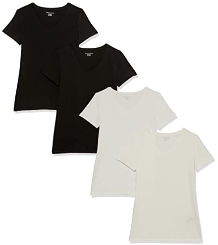 Amazon Essentials T-Shirt à Manches Courtes, Coupe Standard (Ras-de-Cou et Col en V) Femme, Pack of 4, Noir/Blanc, L