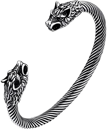 FaithHeart Stainless Steel Cuff Bangles for Man, Viking Amulet Jewelry Wolf Fenrir Head Wristband Bracelets Resizable Scandinavian Arm Ring for Family Partners