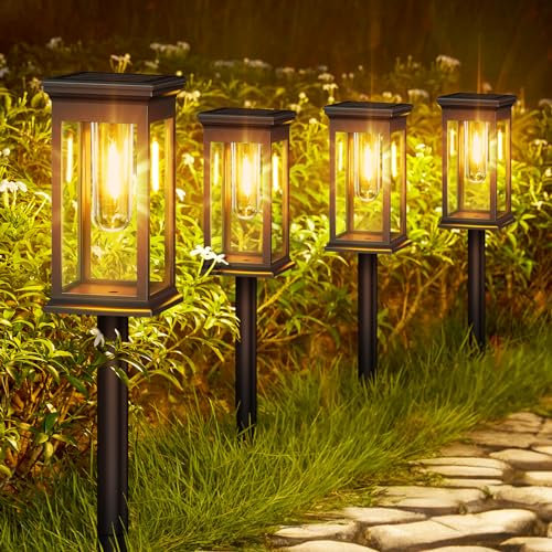 KOOPER Solar Lights Outdoor Garden, 4 Pack Upgraded Garden Lights Solar Powered Waterproof, Auto On/Off Outdoor Light for Yard Pathway Patio Decorative Lawn