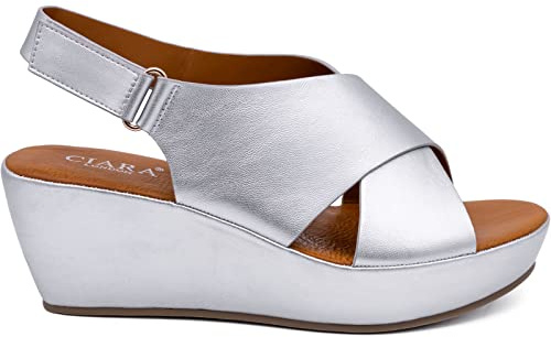 CIARA LONDON Ladies Silver Open Toe Slip On Mid Heel Wedge Hook And Loop Casual Summer Sandals UK 5