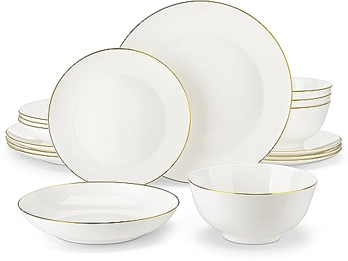 MALACASA Servizio da tavola per 4, 16 pezzi Bone China, servizio da tavola rotondo bianco con bordo dorato, con piatto da dessert, piatto fondo e ciotola per cereali 4, serie NORI