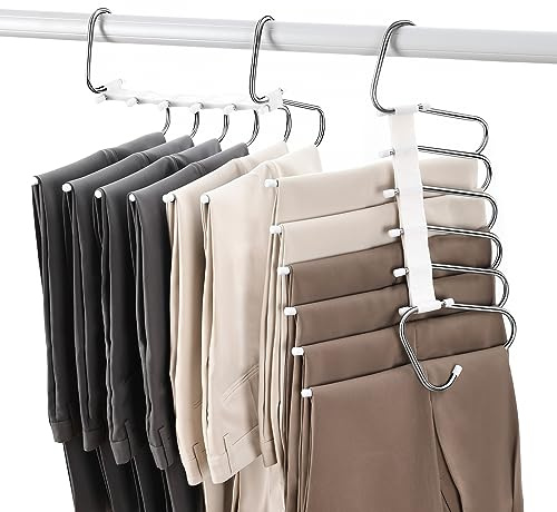 Upgraded Collapsible Pants Hangers Space Saving, 6 Layers Clothes Rack, Stainless Steel Multifunctional Closet Organizer, Non Slip Metal Hangers for Pants Jeans Skirts Trousers (2 Pack)