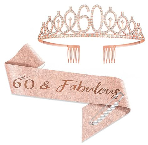 YongHang 60. Geburtstag Schärpe und Tiara Rose Gold für Frau - Geburtstagsgeschenk Krone mit Strasssteinen und Perlen-Anstecknadel