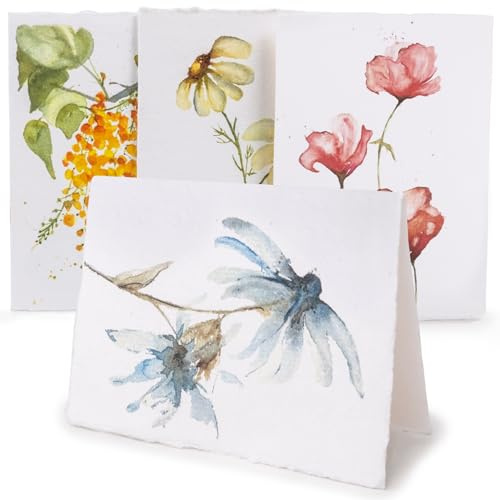 WANDERINGS Biglietti di Auguri Vuoti Artigianali con Bordi Sfrangiati ed Envelopes con Motivi Floreali – Carta Spessa 300 GSM – 20 Biglietti (5 per Ognuna delle 4 Varianti) per Inviti, 13x18 cm