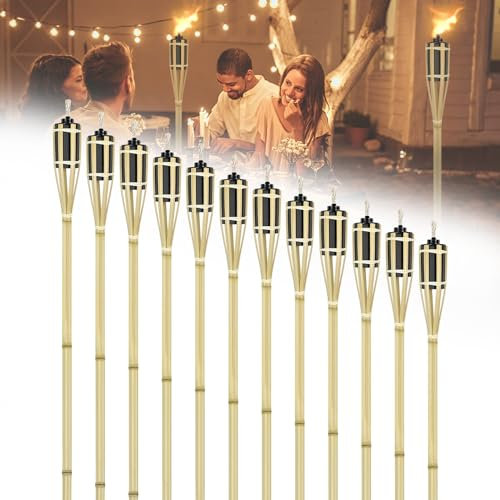 TANYEAR Lot de 12 torches de jardin en bambou pour jardin - Torches à huile en bambou - Hauteur : 90 cm - Avec mèche - Pour fête de jardin, chemin, arrière-cour, pelouse, décoration extérieure