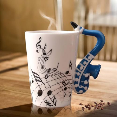 Taza de café y té cerámica con asa de saxofón, nota musical impresa, regalo para amantes de la música, 250 ml, azul