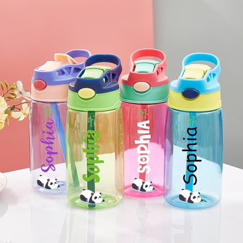 VEELU Gourde Personnalisable pour Enfant avec Paille et Couvercle, Bouteille d'eau Personnalisée Prenom Sans BPA Tritan, Gourde Étanche Réutilisable pour École, Sport, Maternelle -Multicolore 480ml