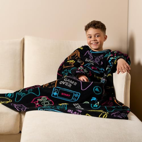 OHS Wearable Blanket Kids Gaming, Ultra Soft Snuggle Blanket for Boys Girls Fleece Blanket Hands Free Sleeves for Gaming Relaxing TV - Black, 125cm x 100cm