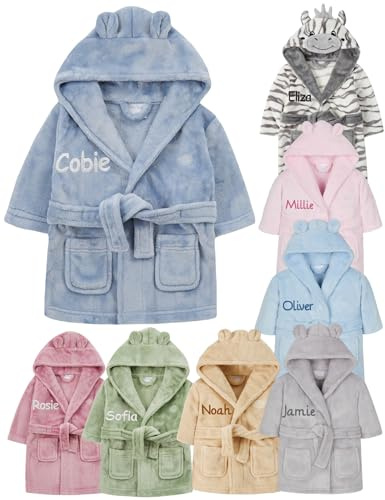 Personalised Baby Bathrobe Hooded Fleece Dressing Gown Super Soft Gifts Robe For Boys Girls Cute Teddy Ears (6-12 Dusky Blue)