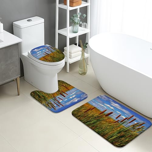 Summer Bathroom Mat Sets 3 Piece, Rustic Reeds Grasses Nature Absorbent Non Slip Toilet Rugs U Shaped Washable, Botanical Quick Dry Memory Foam Bathroom Rug Set
