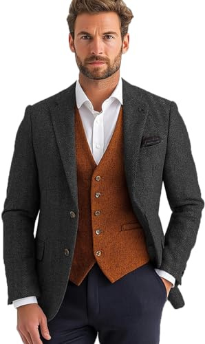 ORBITRAY Men's Tweed Blazer Jacket Thick Retro Vintage Herringbone Sport Coat Single Breasted Two-Buttons Dark Grey