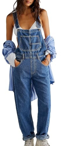Kfsghdnz Women Denim Overalls Adjustable Strap Suspender Wide Leg Casual Bib Pants Jumpsuit Summer Loose Fit Jeans Dungarees with Pockets (Blue A, S)