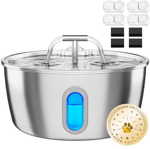 Cat Water Fountain Stainless Steel - 3.2L/108oz Pet Water Fountain for Cats Indoor - Automatic Pet Watering Dispenser (4 Filter)