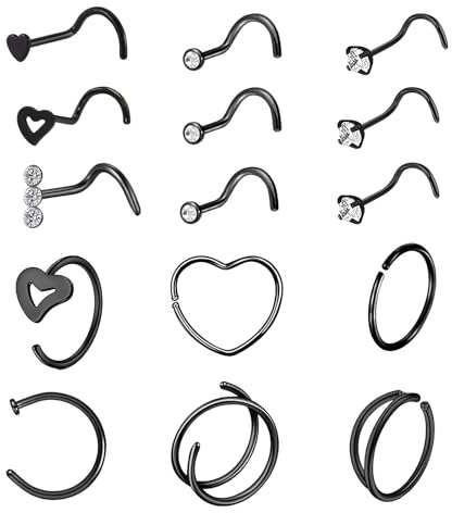 aieieii 15 Piece Black Nose Studs for Women Kit, L Shaped Black Nose Ring Piercing, Septum Piercing Jewellery Studs Ear Punching Jewellery for Women Men Daily Wear or Parties Dances