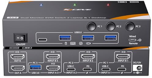 KCEVE KVM Switch 2 Monitors for 2 Laptops 1 Desktop, USB 3.0 KVM Switch 2 Monitors 3 Computers USB C HDMI Share 4 USB3.0 Device, 4K@60Hz, 100W PD, Wired Remote(4K USB C HDMI 3 in 2 Out KVM)