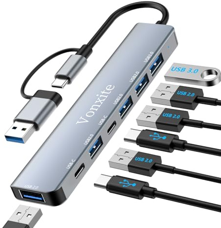 USB Hub 3.0, 7-i-1 USB C-hub multiport-adapter med 1 x USB 3.0, 4 x USB 2.0, 2 x USB-C, 5 Gbit/s hög hastighet, USB C-splitter av aluminium för MacBook/Surface/XPS/PC/PS5/PS4/laptops/surfplatta etc.