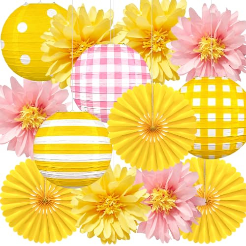 Decoración para Fiesta de Verano - Farolillos, Flores y Abanicos de Papel en Tonos Amarillo y Rosa para Cumpleaños, Bodas y Jardín - Syoulin