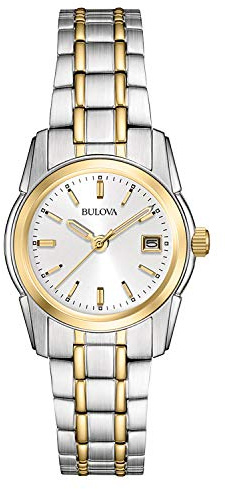 Bulova Ladies' Classic Two-Tone Stainless Steel 3-Hand Calendar Date Quartz Watch, Silver-White Dial (Style: 98M105)