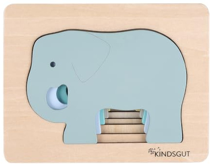 Kindsgut Tierpuzzle, Lagenpuzzle, Motorikspielzeug aus Holz, praktische Größe für zuhause und unterwegs, Elefant