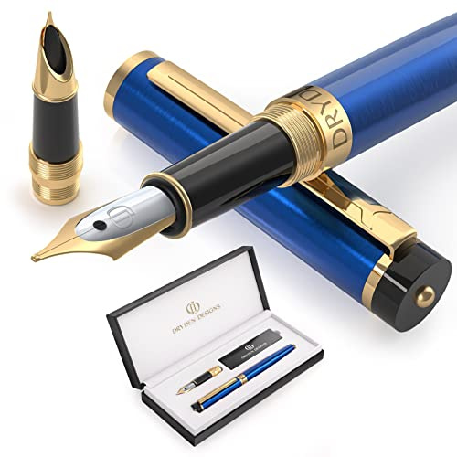 Dryden Designs Fountain Pen - Medium Nib and Fine Nib | Includes Luxury Box, 6 Ink Cartridges - 3 Black 3 Blue and Ink Refill Converter - Mysterious Blue