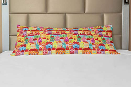 ABAKUHAUS Cityscape Cartoons Body Pillow Case Cover with Zipper, European Architecture Art Houses with Pillars Fountains Urban View, Decorative Accent Long Pillowcase, 21 x 54, Multicolor