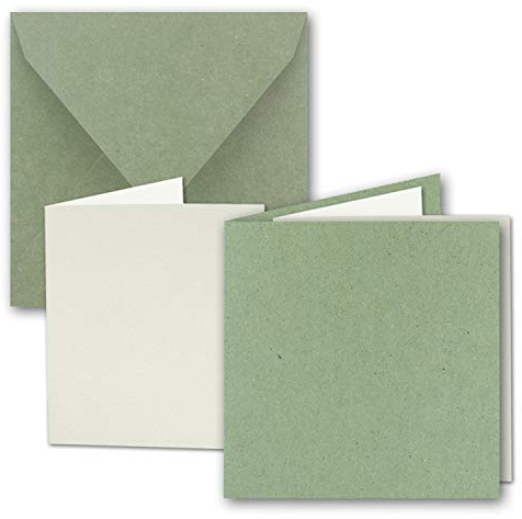 50x Quadratisches Faltkarten Set aus Kraft-Papier in Grün 15,0 x 15,0 cm - Doppel-Karten mit Briefumschlägen und Einlegeblättern aus Recycling-Papier - Serie Umwelt