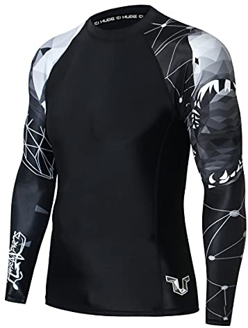 HUGE SPORTS Rashguard Homme Manche Longue Maillot de Bain T-Shirt pour Surf Natation Sechage Rapide (Requin Noir,XL)