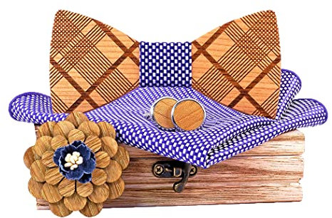 HZQIFEI Nœud Papillon Bois, Noeud Papillon en Bois avec Carré de Poche et Broche et Boutons de Manchette pour Cadeau, Réception, Mariage (Style#02)