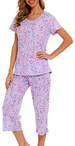 Mialucce Ladies Pyjamas, Short Sleeve Cropped Pyjamas for Women Sleepwear | Soft Comfy Women's Pyjama Sets, Breathable Casual Ladies Cotton Pyjamas, Two-piece Ladies Nightwear for Home Wear, S-3XL