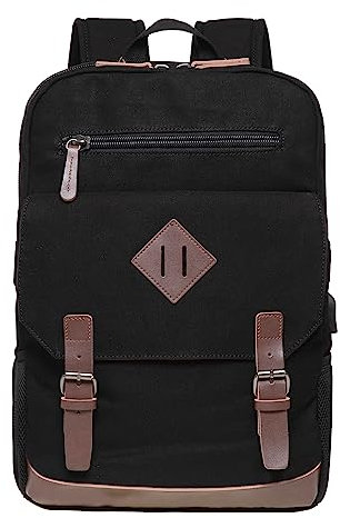 KAUKKO Retro Rucksack für Damen Herren, Vintage Daypack Schulranzen mit 15 Zoll Laptopfach für Arbeit, Uni, 25L, Schwarz-KF19